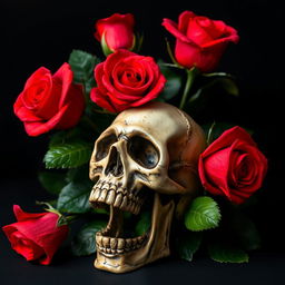 A captivating scene featuring stunning red roses with lush green leaves, elegantly arranged and set against a deep black background