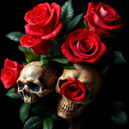 A captivating scene featuring stunning red roses with lush green leaves, elegantly arranged and set against a deep black background