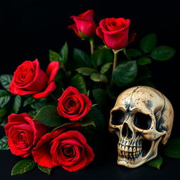 A captivating scene featuring stunning red roses with lush green leaves, elegantly arranged and set against a deep black background