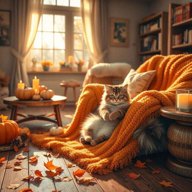 An adorable cat lounging in a cozy room of a house, surrounded by a warm fall aesthetic