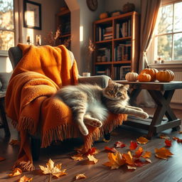 An adorable cat lounging in a cozy room of a house, surrounded by a warm fall aesthetic