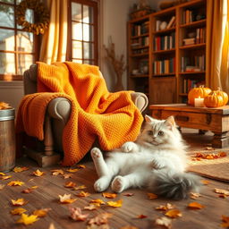 An adorable cat lounging in a cozy room of a house, surrounded by a warm fall aesthetic