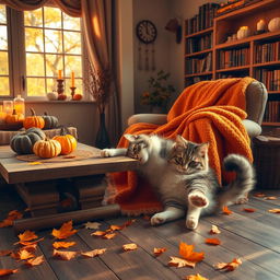 An adorable cat lounging in a cozy room of a house, surrounded by a warm fall aesthetic