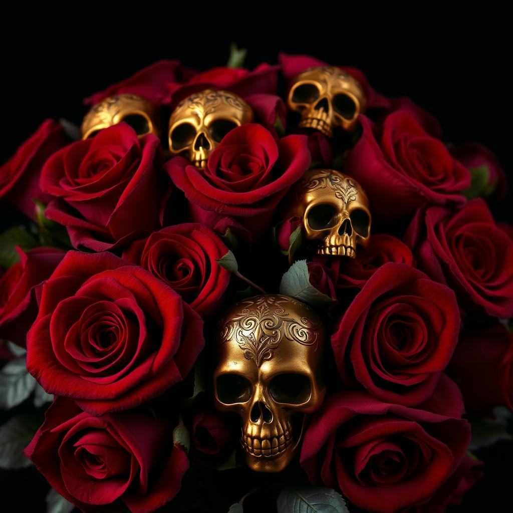 A visually stunning composition featuring deep red roses with velvety petals, elegantly arranged against a black background