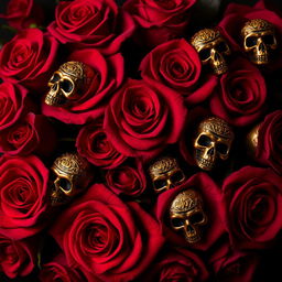 A visually stunning composition featuring deep red roses with velvety petals, elegantly arranged against a black background