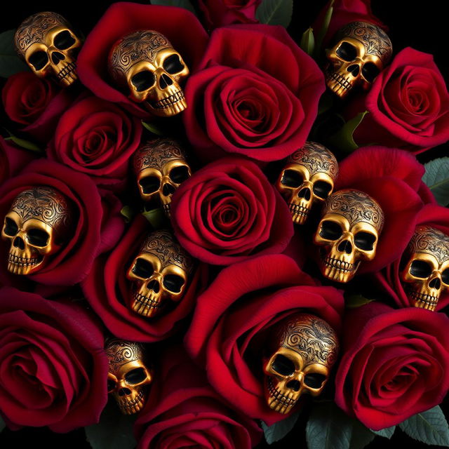 A visually stunning composition featuring deep red roses with velvety petals, elegantly arranged against a black background