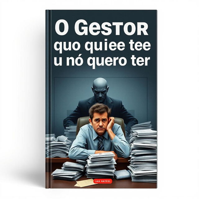 A book cover design for 'O Gestor que eu não quero ter', featuring a frustrated employee sitting at an office desk surrounded by stacks of paperwork