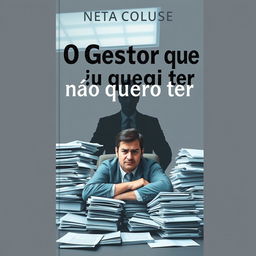 A book cover design for 'O Gestor que eu não quero ter', featuring a frustrated employee sitting at an office desk surrounded by stacks of paperwork
