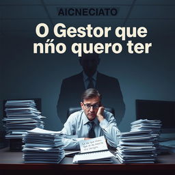 A book cover design for 'O Gestor que eu não quero ter', featuring a frustrated employee sitting at an office desk surrounded by stacks of paperwork