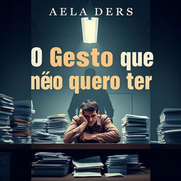 A book cover design for 'O Gestor que eu não quero ter', featuring a frustrated employee sitting at an office desk surrounded by stacks of paperwork