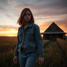 A somber scene depicting a teenage girl arriving home in the prairie at sunset