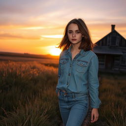 A somber scene depicting a teenage girl arriving home in the prairie at sunset