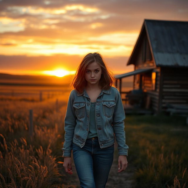 A somber scene depicting a teenage girl arriving home in the prairie at sunset