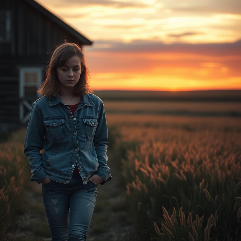 A somber scene depicting a teenage girl arriving home in the prairie at sunset