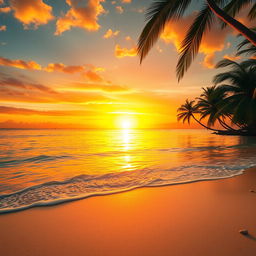 An enchanting portrayal of a majestic golden sunset casting a warm, golden hue across a serene, crystal-clear ocean
