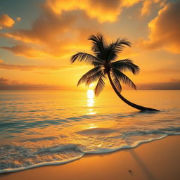 An enchanting portrayal of a majestic golden sunset casting a warm, golden hue across a serene, crystal-clear ocean