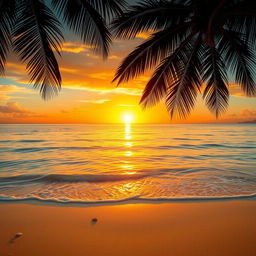 An enchanting portrayal of a majestic golden sunset casting a warm, golden hue across a serene, crystal-clear ocean