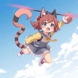 An anime-style medium shot of an adult cat girl with two tails twirling in the sky like a flying helicopter