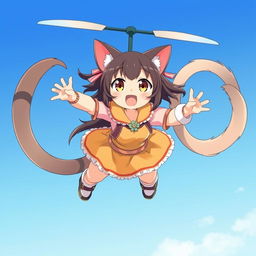 An anime-style medium shot of an adult cat girl with two tails twirling in the sky like a flying helicopter