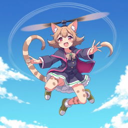 An anime-style medium shot of an adult cat girl with two tails twirling in the sky like a flying helicopter