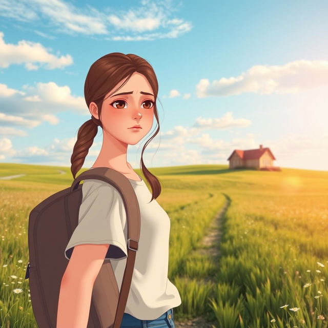 A sad teenage girl with a backpack walking home from school in a serene prairie setting during the day