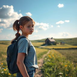 A sad teenage girl with a backpack walking home from school in a serene prairie setting during the day