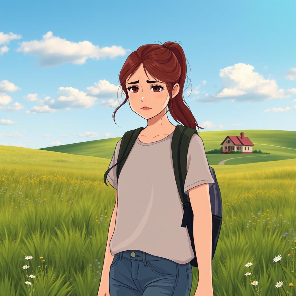 A sad teenage girl with a backpack walking home from school in a serene prairie setting during the day