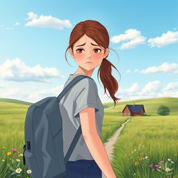 A sad teenage girl with a backpack walking home from school in a serene prairie setting during the day