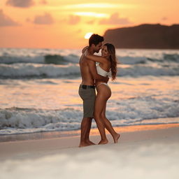 A sensual and intimate moment between two lovers on a secluded beach during sunset