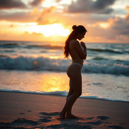 A sensual and intimate moment between two lovers on a secluded beach during sunset