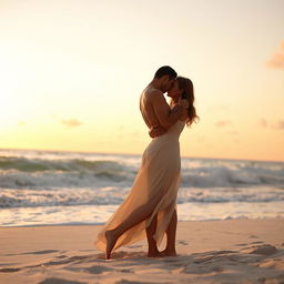 A sensual and intimate moment between two lovers on a secluded beach during sunset