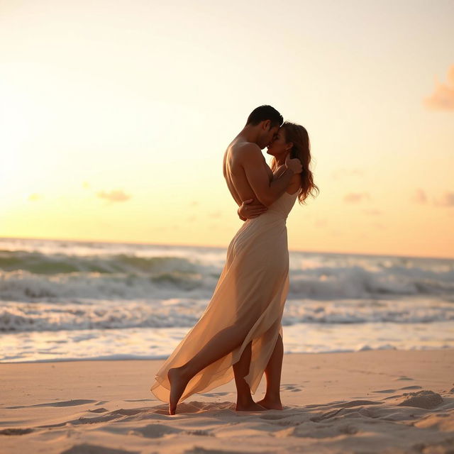 A sensual and intimate moment between two lovers on a secluded beach during sunset