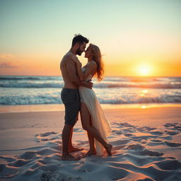 A sensual and intimate moment between two lovers on a secluded beach during sunset