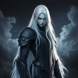A fallen aasimar standing confidently, with striking white hair cascading down, contrasting beautifully against their black scale armor that glimmers subtly
