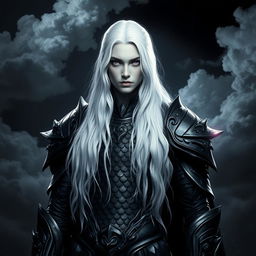 A fallen aasimar standing confidently, with striking white hair cascading down, contrasting beautifully against their black scale armor that glimmers subtly