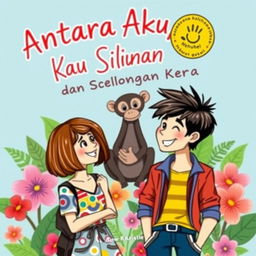 A whimsical book cover for a novel titled 'Antara Aku, Kau dan Siluman Kera', featuring a romantic comedy theme