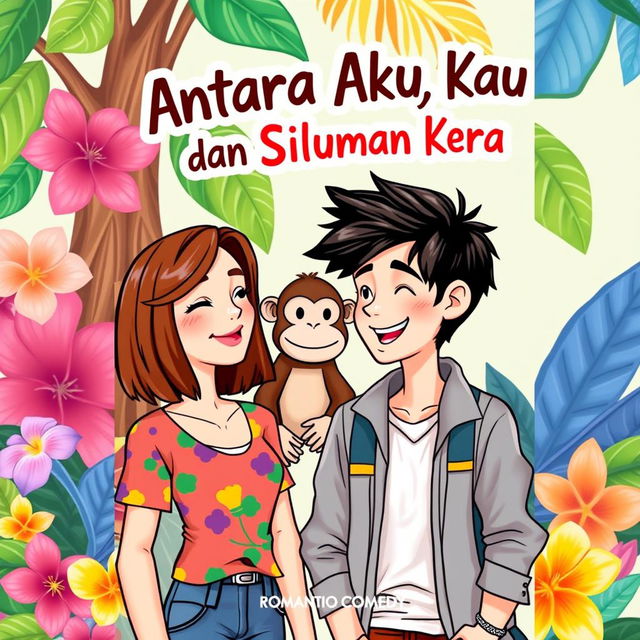 A whimsical book cover for a novel titled 'Antara Aku, Kau dan Siluman Kera', featuring a romantic comedy theme