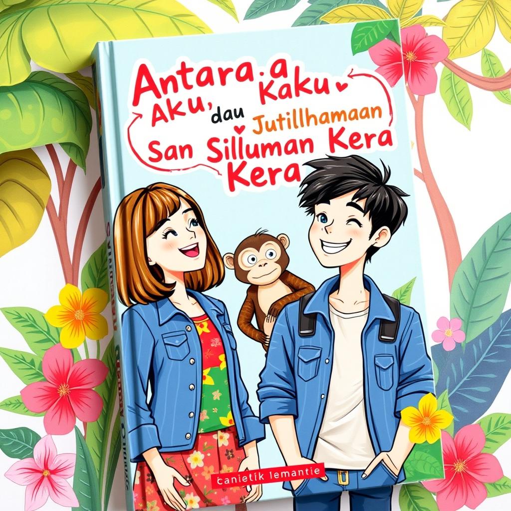 A whimsical book cover for a novel titled 'Antara Aku, Kau dan Siluman Kera', featuring a romantic comedy theme