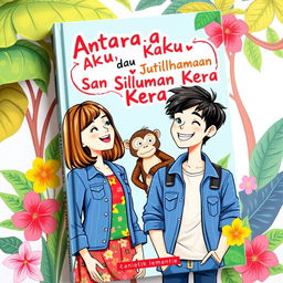 A whimsical book cover for a novel titled 'Antara Aku, Kau dan Siluman Kera', featuring a romantic comedy theme