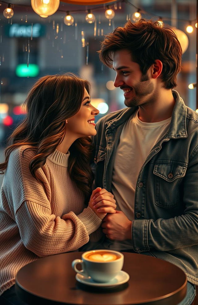 A romantic image of a couple who are each other's rebound, sharing a tender moment in a cozy, dimly lit café