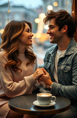 A romantic image of a couple who are each other's rebound, sharing a tender moment in a cozy, dimly lit café