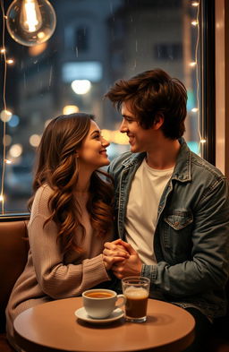 A romantic image of a couple who are each other's rebound, sharing a tender moment in a cozy, dimly lit café