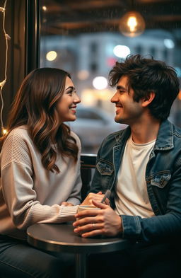 A romantic image of a couple who are each other's rebound, sharing a tender moment in a cozy, dimly lit café