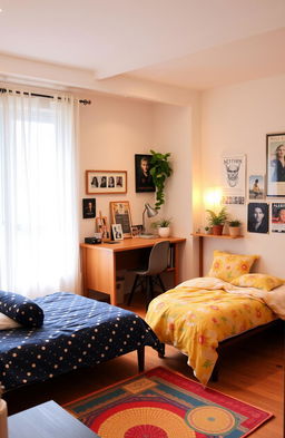 A stylish and cozy apartment bedroom shared by two young adults, featuring an inviting soft color palette with a warm, ambient light
