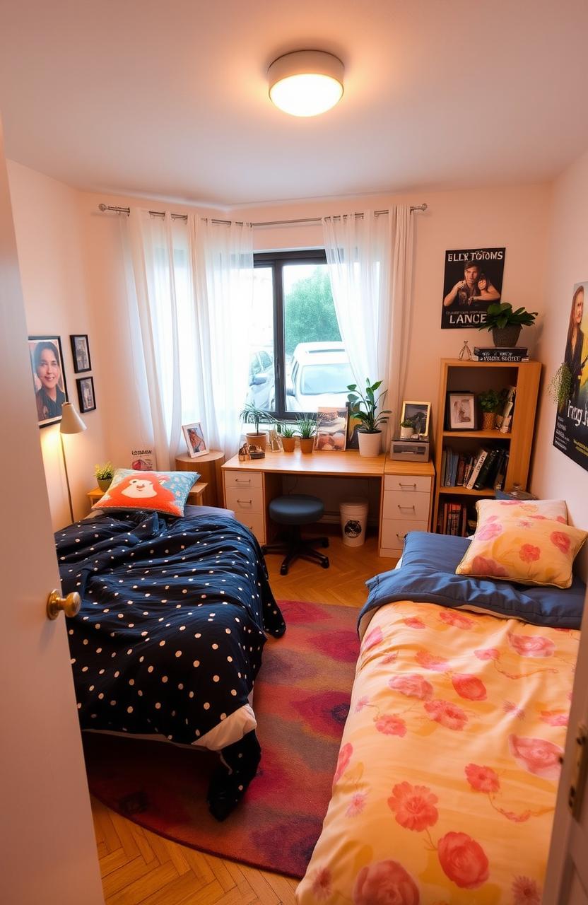 A stylish and cozy apartment bedroom shared by two young adults, featuring an inviting soft color palette with a warm, ambient light