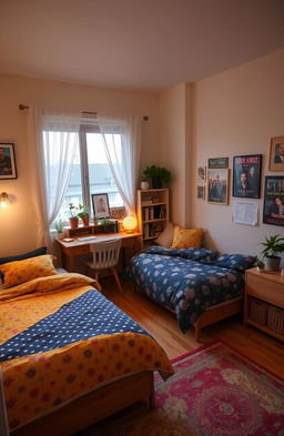 A stylish and cozy apartment bedroom shared by two young adults, featuring an inviting soft color palette with a warm, ambient light