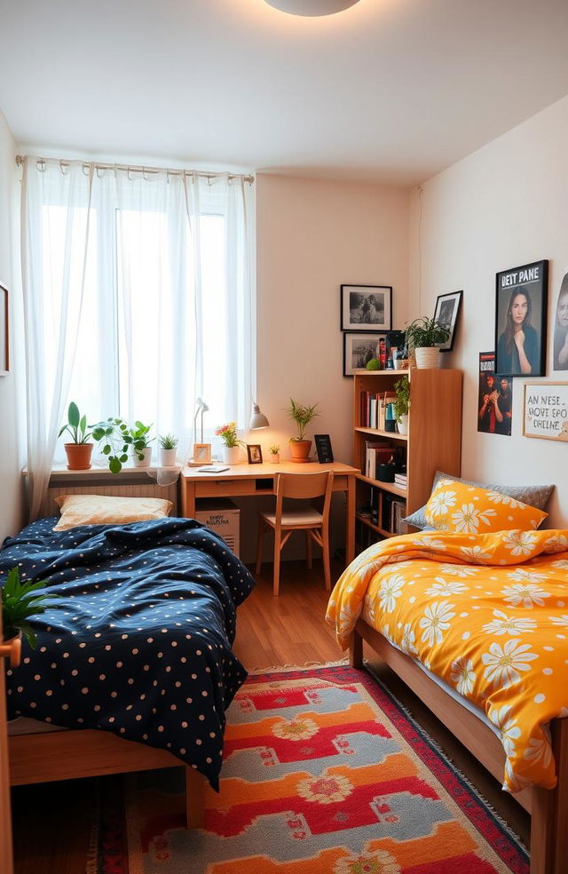 A stylish and cozy apartment bedroom shared by two young adults, featuring an inviting soft color palette with a warm, ambient light