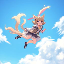 An anime-style depiction of a Feline Frenzy adult cat girl with two tails soaring through the sky like a flying helicopter