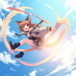 An anime-style depiction of a Feline Frenzy adult cat girl with two tails soaring through the sky like a flying helicopter