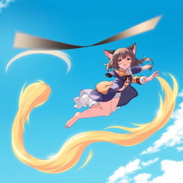 An anime-style depiction of a Feline Frenzy adult cat girl with two tails soaring through the sky like a flying helicopter